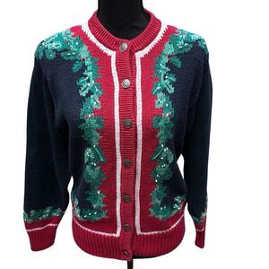 Vintage Women's ORVIS Cotton Christmas Cardigan Sweater Size M Holly Leaf Border
